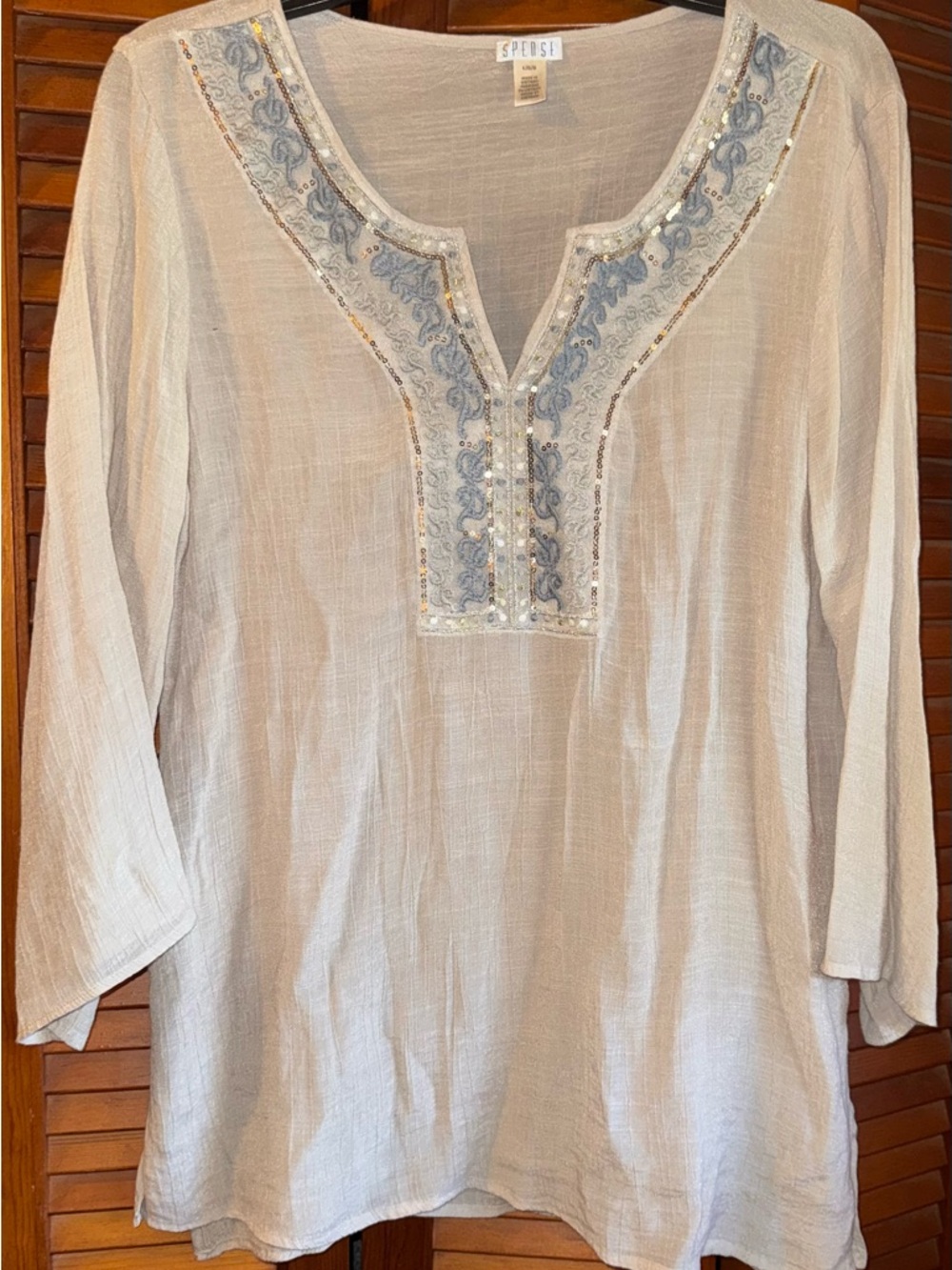 Spense Cream Tunic with Blue Embroidered V-Neck